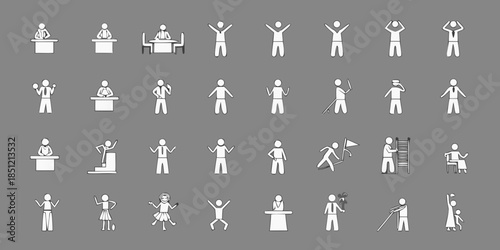 Stick figure icons depicting various human poses and actions on gray background