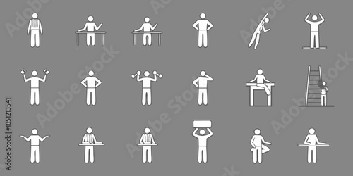 Fotografie Stick figure illustrations depicting various human activities and poses on a gra