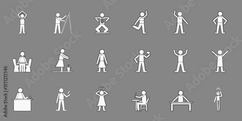 Simple white stick figures depict various human activities and poses on a gray background