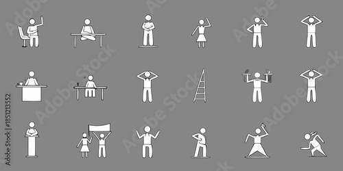 Diverse stick figure people in various poses and activities on a gray backdrop