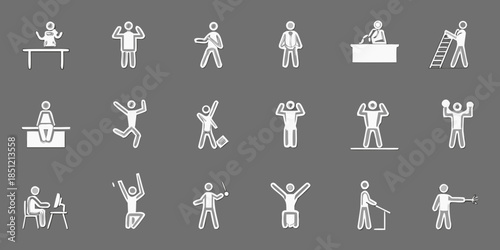 Collection of minimalist stick figure icons depicting various human actions and poses