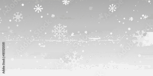 A grayscale winter scene featuring falling snowflakes and a snowy landscape
