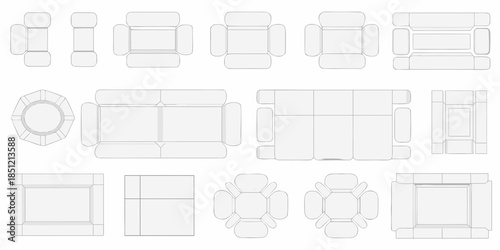 Overhead view of various sofa and seating arrangement furniture designs