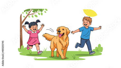 Joyful boy and girl happily playing fetch with a friendly golden retriever dog in a lush green park on a sunny day.