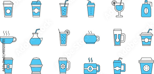 Collection of various drink icons in blue and white