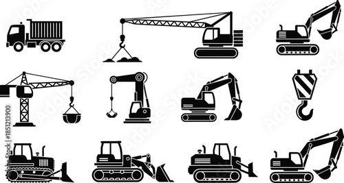 Construction icons, heavy machinery, crane, excavator, bulldozer, backhoe, robotic arm, silhouette, industrial equipment, loader, dump truck, black, vector