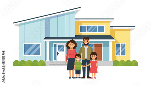 Happy family, including parents and their young son and daughter, standing proudly in front of their modern suburban house.
