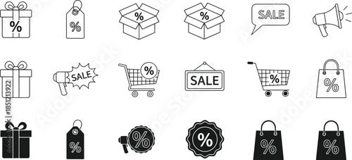 Collection of sale icons with shopping carts and gift boxes