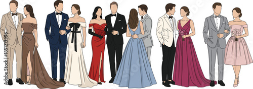 Elegant vector illustration set of couples wearing formal wedding gowns tuxedos and evening dresses for marriage celebrations prom nights and gala event designs.