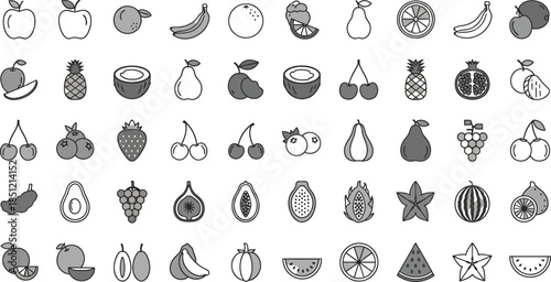Collection of assorted fruits and vegetables icons in black and white