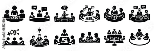 a collection of team strategy discussion minimal vector icon set, Human interaction vector icon set.