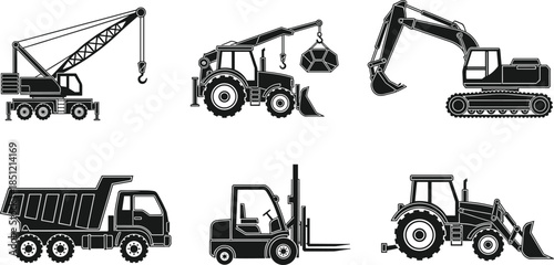 Construction vehicles, industrial machines, crane, excavator, forklift, dump truck, silhouette, heavy equipment, loader, tractor, black and white, icons, tools