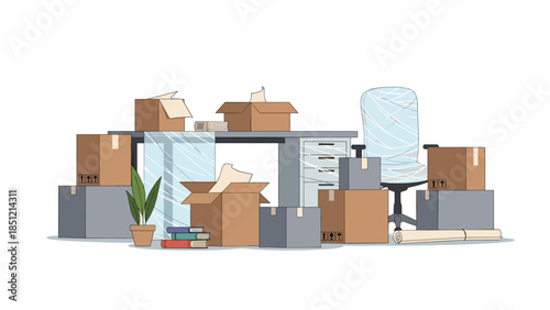 Disorganized office desk surrounded by numerous open cardboard boxes and plastic-wrapped furniture, depicting a chaotic office relocation.