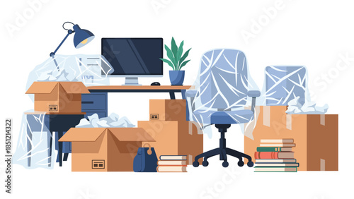 Partially packed office setup featuring a computer desk, wrapped chair, cardboard boxes, and potted plants, illustrating a move.