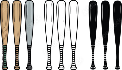 Baseball bat silhouette & Outline and illustration set isolated on transparent background