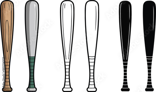 Baseball bat silhouette & Outline and illustration set isolated on transparent background