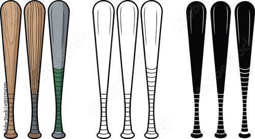 Baseball bat silhouette & Outline and illustration set isolated on transparent background