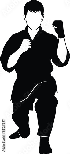 Dynamic silhouette of a male martial artist in a defensive or ready stance, poised for action