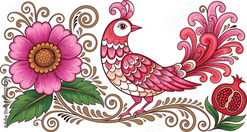 Traditional folk art vector illustration featuring a pink decorative bird with floral blossoms curly ornaments and a pomegranate for ethnic design backgrounds.