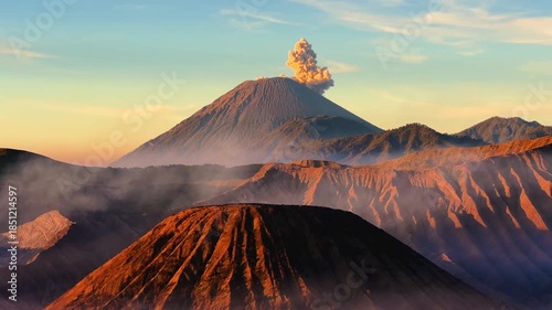 Eruption of the Bromo volcano during sunrise in the Bromo-Tengger-Semeru National Park, East Java, Indonesia. The Tengger volcanic caldera is in cloud and fog. Dawn. 4К