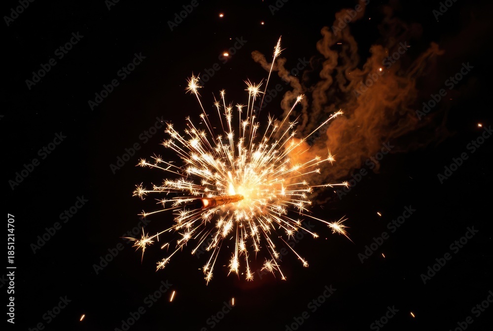 Fototapeta premium Ignited sparkler emits a dazzling burst of golden light and shimmering particles at night