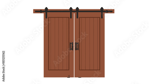 Pair of rustic brown wooden barn doors with vertical panels and black metal sliding hardware, depicted in a flat style.