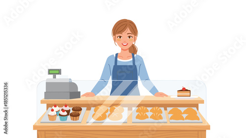 Cheerful female baker or cashier standing behind a glass display counter filled with delicious cupcakes and various fresh pastries.