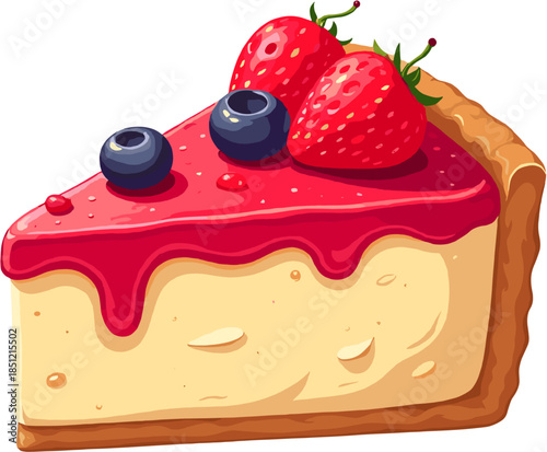 Delicious strawberry cheesecake slice topped with fresh berries, illustrated in a clean cartoon style, perfect for dessert menus, bakery designs, food illustrations, and sweet treat concepts