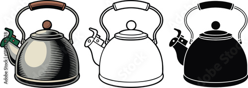 Kettle silhouette & Outline and illustration set isolated on transparent background