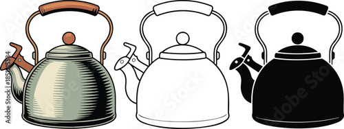 Kettle silhouette & Outline and illustration set isolated on transparent background