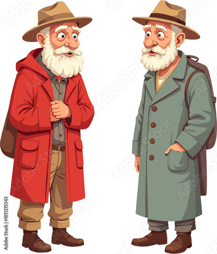 Two elderly men talking illustration, friendly characters in casual clothing isolated on white background perfect for storytelling and lifestyle design