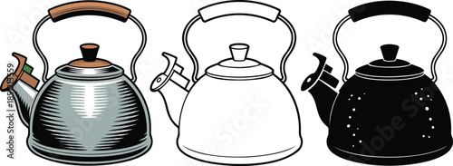 Kettle silhouette & Outline and illustration set isolated on transparent background