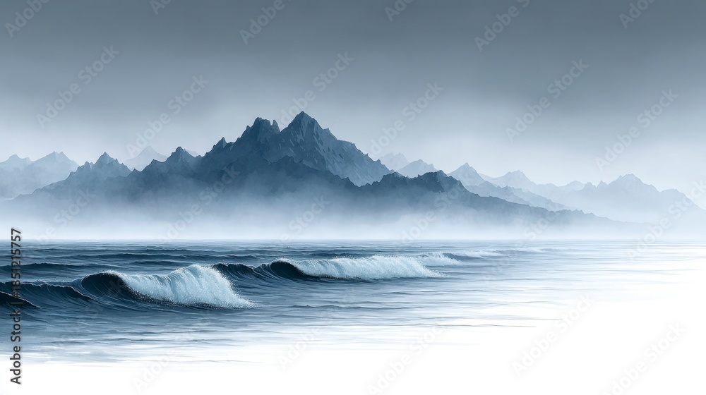 Fototapeta premium Misty mountains and crashing waves in a serene, monochromatic ocean scene