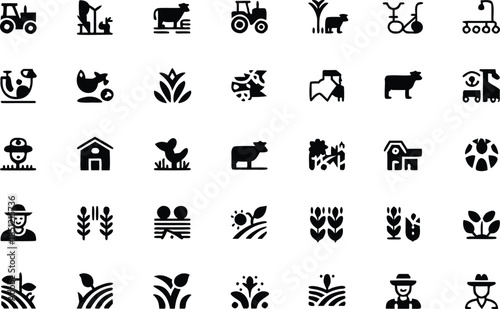 a collection of black silhouette icons representing various aspects of farming agriculture and rural life is displayed high quality