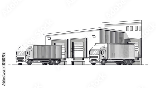 Black and white line art illustration of a warehouse with loading docks and two semi-trucks, conveying a clean and professional logistics theme.