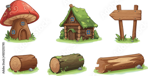 Cartoon fantasy forest objects vector set with mushroom house wooden cabin logs signs for games illustrations assets design ui environment