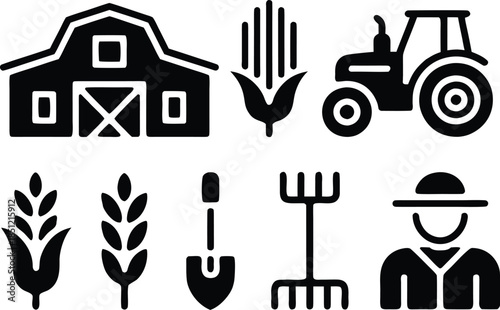 a collection of simple black icons depicting various elements associated with agriculture and farming practices is shown in a line