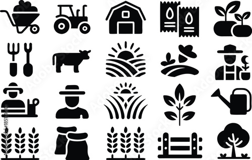 A collection of black silhouette icons depicts various elements of rural life including farming tools livestock and crops