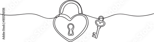 Continuous single line drawing of a heart shaped padlock with key symbolizing trust and commitment, minimalist Valentine’s Day outline vector illustration