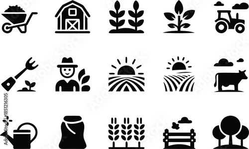 a collection of black glyph icons representing farming elements like tractors barns plants livestock and tools for agriculture