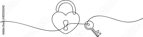 Continuous single line drawing of a heart shaped padlock with key symbolizing trust and commitment, minimalist Valentine’s Day outline vector illustration