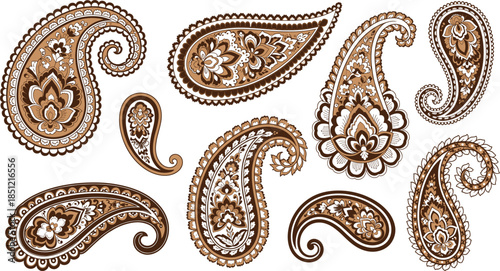 Traditional paisley vector set featuring intricate floral teardrop patterns and ethnic decorative ornaments in brown beige and white for textile and wallpaper designs