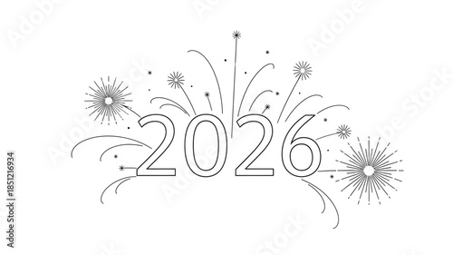 Celebratory fireworks display with the year 2026 in a sketched style