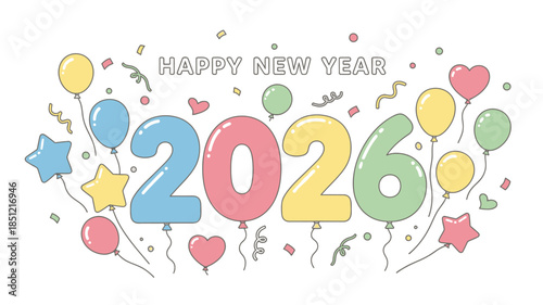 Colorful balloons and confetti celebrate the upcoming new year 2026