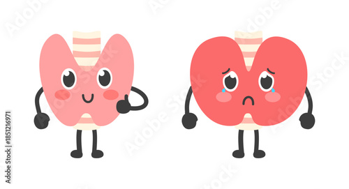 Cute thyroid gland characters. Happy healthy and sad sick mascot comparison. Represents hypothyroidism, hyperthyroidism, goiter, and endocrine system health. Vector illustration.
