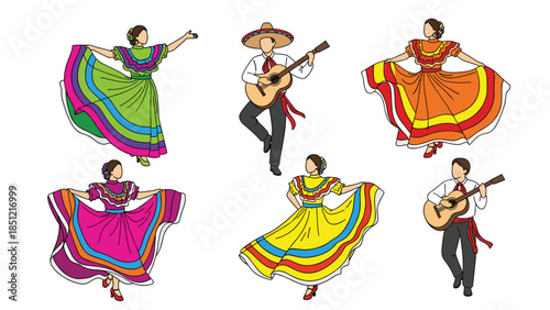 Collection of six individual illustrations depicting people in traditional Mexican attire, dancing and playing guitars, showcasing vibrant Mexican folk culture.