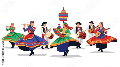 Group of people in traditional Turkish or Middle Eastern attire, gracefully dancing and playing traditional musical instruments like flutes, drums, and stringed instruments.