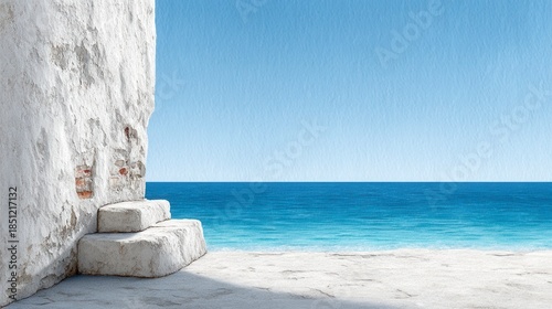 White stucco wall, stone steps, bright blue sea, clear sky