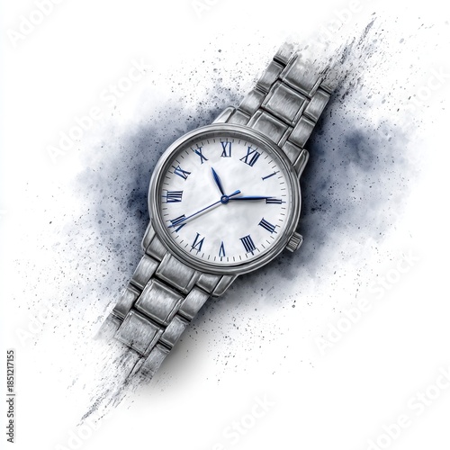 A classic metallic wristwatch with Roman numerals, exploding outward