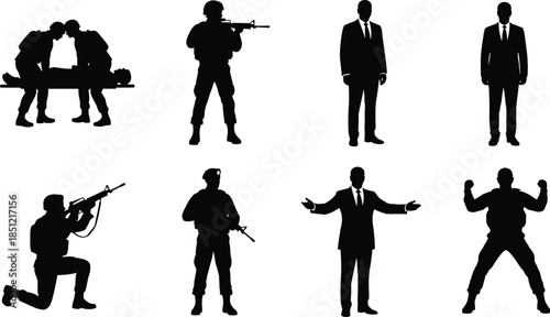 Black silhouette people set, soldiers and businessmen poses isolated on white background for security, military, corporate, illustration design assets vector collection